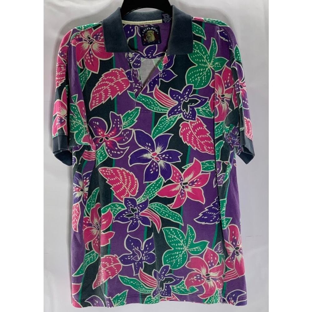 SALTY DOG Men's Vintage Purple/Pink/Green Floral Print Short Sleeve Polo SZ M